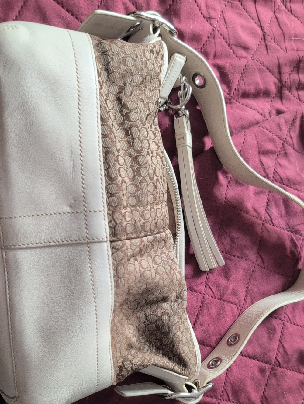 Coach Beige Signature Jacquard & Cream Leather Shoulder Bag
